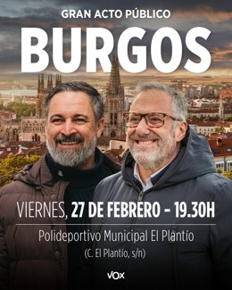 Cartel del acto electoral de Santiago Abascal y Carlos Pollán el viernes 27 de febrero en Burgos