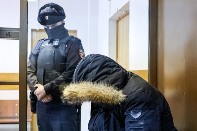 RUSSIA, MOSCOW - FEBRUARY 11, 2026: Viktor Vasin (R), charged with an assassination attempt against Lt Gen Vladimir Alekseyev, First Deputy Head of the Main Directorate at the General Staff of the Russian Armed Forces, attends a hearing at Zamoskvoretsky 