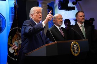 February 20, 2026, Washington, District Of Columbia, USA: United States President Donald J Trump holds a press briefing on the US Supreme Court decision to block the use of an emergency law to unilaterally impose sweeping tariffs on most U.S. trading part