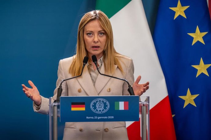 23 January 2026, Italy, Rome: Italian Prime Minister Giorgia Meloni speaks at the press conference of the German-Italian government consultations at Villa Doria Pamphilj. Photo: Michael Kappeler/dpa