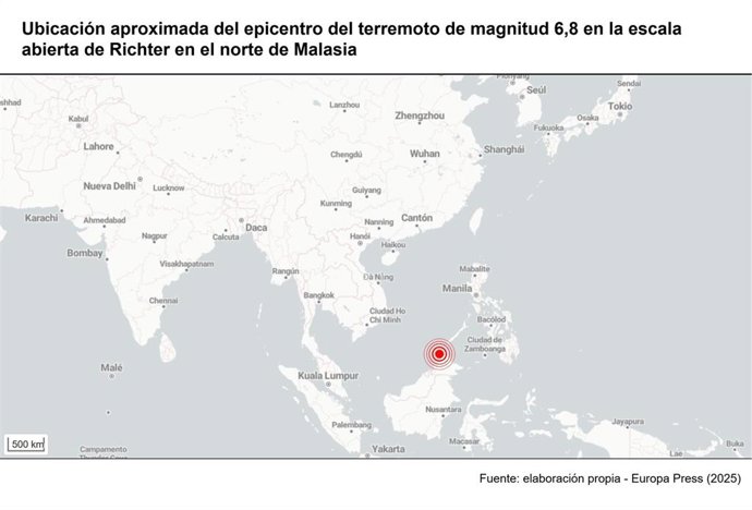 Archivo - Ubicación aproximada del epicentro del terremoto de magnitud 6,8 en la escala abierta de Richter en el norte de Malasia