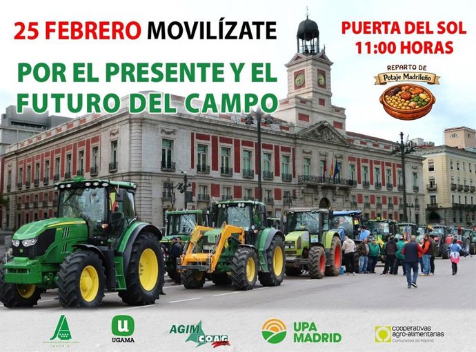El sector agrario madrileño se concentra el miércoles 25 de febrero a las 11 horas en Sol para protestar por el acuerdo comercial UE-Mercosur y las políticas agrarias
