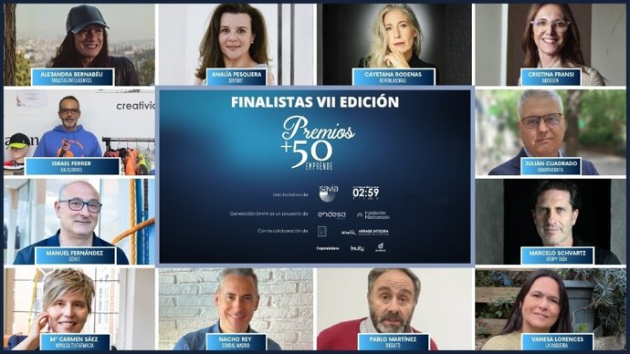 Mosaico de las doce personas finalistas de la la VII edición de los Premios +50 Emprende.