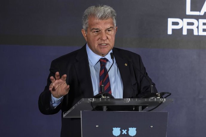 El expresidente del FC Barcelona Joan Laporta en la rueda de prensa de presentación de su campaña para la reelección.