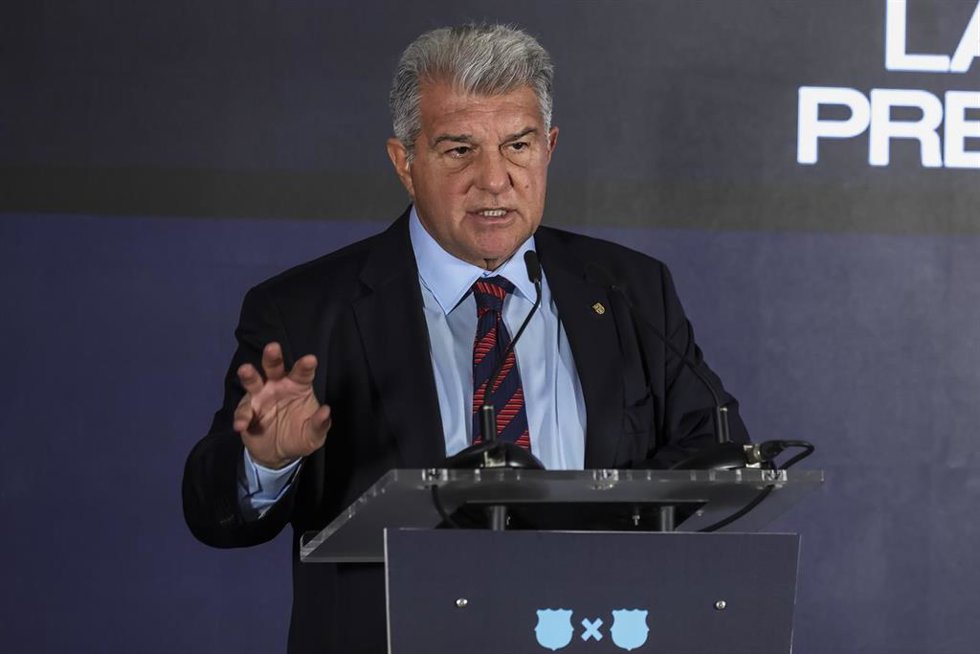 El expresidente del FC Barcelona Joan Laporta en la rueda de prensa de presentación de su campaña para la reelección.