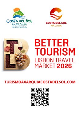 Cartel promocional de la presencia de la  Axarquía en la feria de turismo BTL que se celebra en Lisboa.
