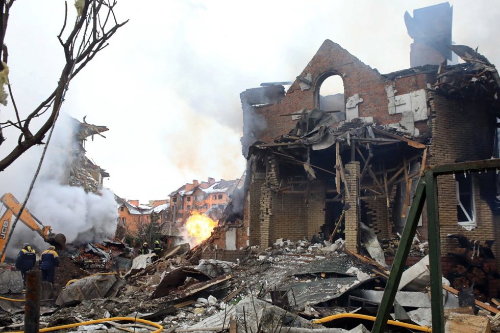 February 22, 2026, Kyiv Region, Ukraine: Firefighters and gas company employees work in a residential area damaged by a Russian attack, Sofiivska Borshchahivka village, Kyiv region, Ukraine, February 22, 2026.