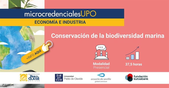 Cartel de la microcredencial 'Conservación de la biodiversidad marina' de la UPO y el Acuario de Sevilla