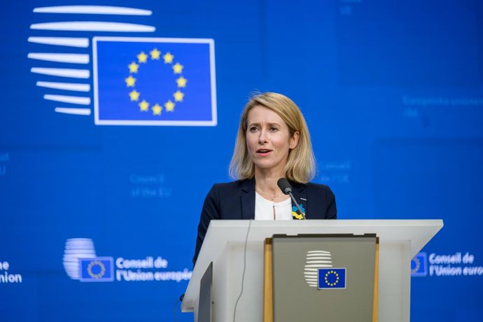 A Alta Representante da União Europeia para a Política Externa, Kaja Kallas, em uma coletiva de imprensa após a reunião dos ministros das Relações Exteriores que ocorreu nesta segunda-feira em Bruxelas.