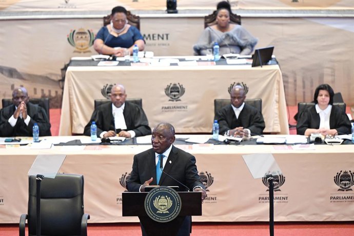CAPE TOWN, Feb. 13, 2026  -- South African President Cyril Ramaphosa (front) delivers the State of the Nation Address at the Cape Town City Hall in Cape Town, South Africa, on Feb. 12, 2026.   South African President Cyril Ramaphosa announced on Thursday 