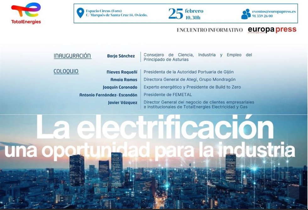 Cartel del encuentro informativo organizado por Europa Press y TotalEnergies que reunirá en Oviedo a expertos para analizar la electrificación como oportunidad para la industria asturiana.