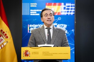 El ministro de Asuntos Exteriores, Unión Europea y Cooperación, José Manuel Albares, ofrece una rueda de prensa tras reunirse con su homólogo griego, Georgios Gerapetritis, a 3 de febrero de 2026, en Madrid (España).