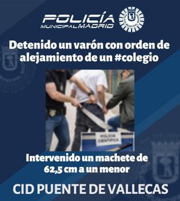 Detenido en Puente de Vallecas en posesión de un machete de grandes dimensiones y por saltarse una orden de alejamiento de un colegio