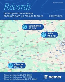 Mapa elaborado por la Aemet con las estaciones que han batido el récord de temperatura máxima más alta en febrero