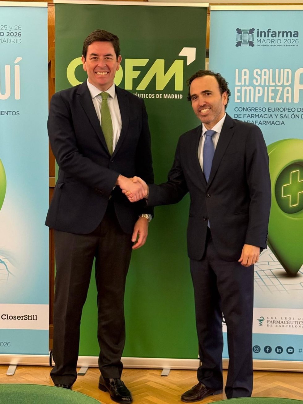 Manuel Martínez del Peral, presidente del COFM y de Infarma Madrid 2026; Jordi Casas, presidente del COFB y vicepresidente de Infarma Madrid 2026
