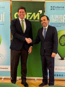 Manuel Martínez del Peral, presidente del COFM y de Infarma Madrid 2026; Jordi Casas, presidente del COFB y vicepresidente de Infarma Madrid 2026