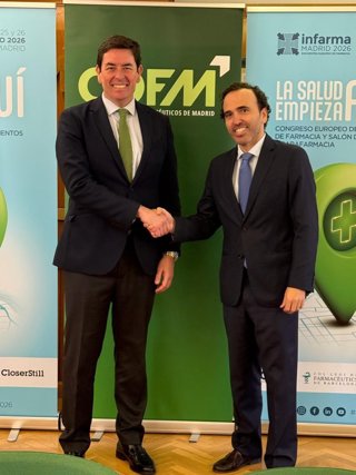 Manuel Martínez del Peral, presidente del COFM y de Infarma Madrid 2026; Jordi Casas, presidente del COFB y vicepresidente de Infarma Madrid 2026