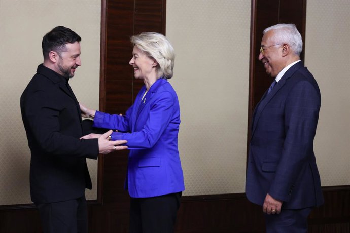 El presidente de Ucrania, Volodimir Zelenski, recibe en Kiev a la presidenta de la Comisión Europea, Ursula von der Leyen, y al presidente del Consejo Europeo, António Costa