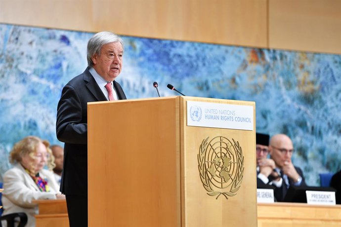 GENEVA, Feb. 23, 2026  -- United Nations (UN) Secretary-General Antonio Guterres addresses the 61st session of the UN Human Rights Council at Palais des Nations in Geneva, Switzerland, Feb. 23, 2026. United Nations (UN) Secretary-General Antonio Guterres 