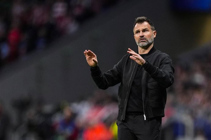 Ivan Leko, head coach of Club Brugge KV, gestures during the UEFA Champions League 2025/26 KO play-offs Second Leg match between Atletico de Madrid and Club Brugge KV at Riyadh Air Metropolitano on February 24, 2026, in Madrid, Spain.