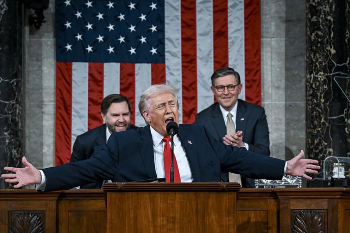 February 24, 2026, Washington, District Of Columbia, USA: President DONALD J. TRUMP delivers the first State of the Union address of his second term to a joint session of Congress in the House Chamber of the United States Capitol. Seated behind him are Vi