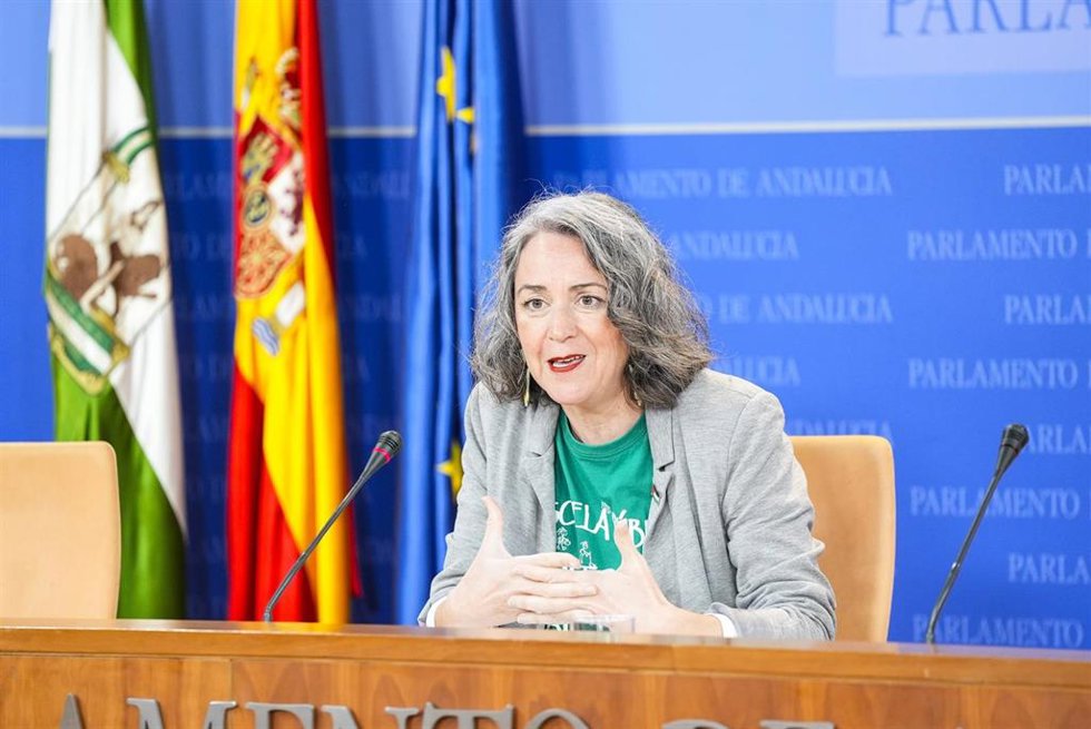 La portavoz adjunta del Grupo Mixto-AdelanteAndalucía, Begoña Iza, durante la ronda de ruedas de prensa de portavoces de los grupos parlamentarios en el Parlamento de Andalucía, a 25 de febrero de 2026 en Sevilla (Andalucía, España). Los portavoces de l