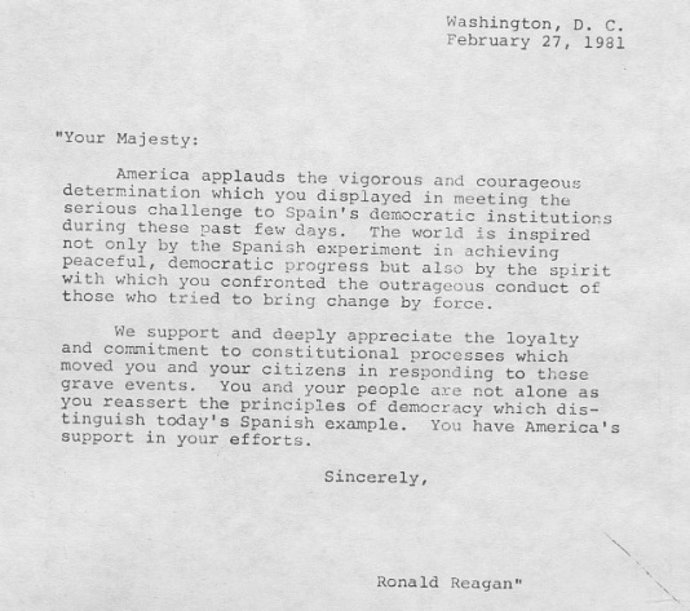 Carta del presidente de EEUU Ronald Reagan a Juan Carlos I tras el 23F