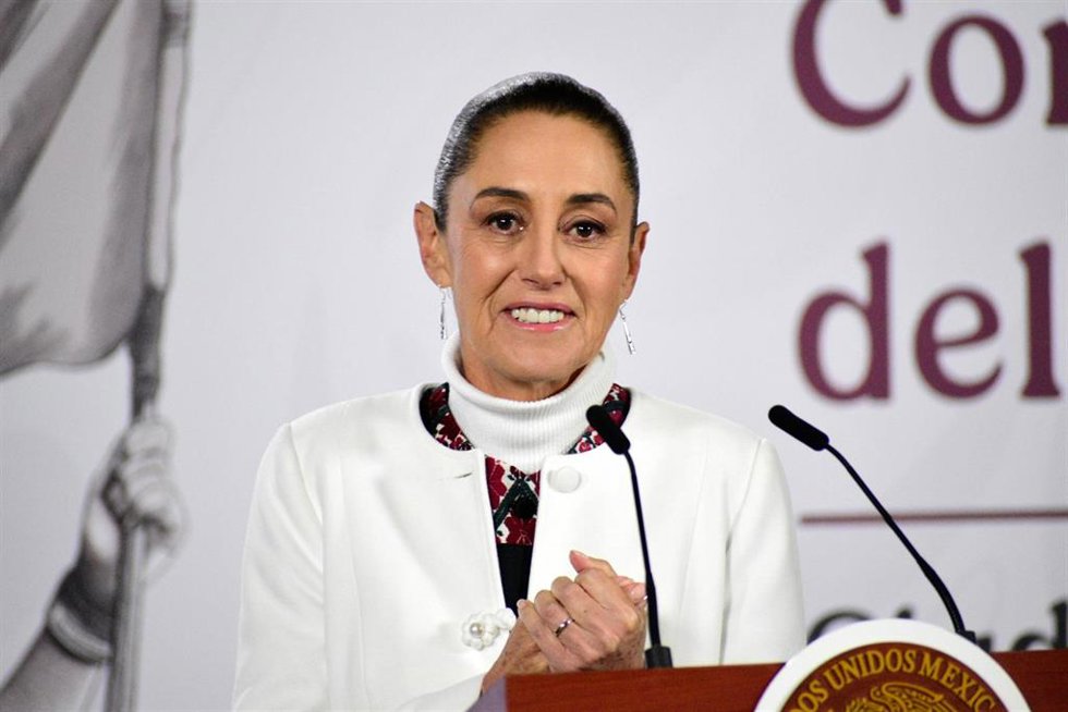 La presidenta de México, Claudia Sheinbaum, en la rueda de prensa matutina en el Palacio Nacional.