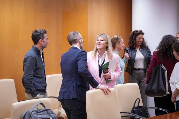 La consejera de Economía, Hacienda, Fondos Europeos y Diálogo Social y portavoz de la Junta de Andalucía, Carolina España (c), durante la reunión de seguimiento del Pacto Social. A 25 de febrero de 2026, en Sevilla (Andalucía, España).