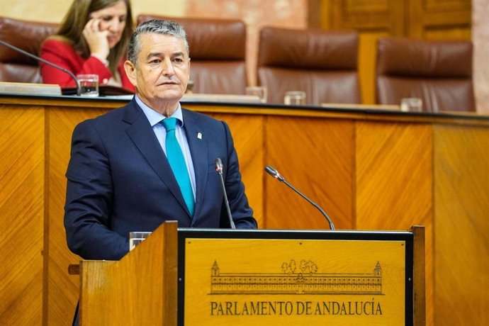 El consejero de Sanidad, Antonio Sanz, este miércoles en su comparecencia ante el Pleno del Parlamento.