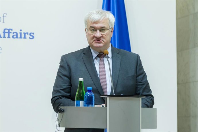 25 de fevereiro de 2026, Kiev, Ucrânia: O ministro das Relações Exteriores da Ucrânia, Andrii Sybiha, participa de uma coletiva de imprensa conjunta com o ministro das Relações Exteriores da República de Gana, Samuel Okudzeto Ablakwa, após sua reunião, em