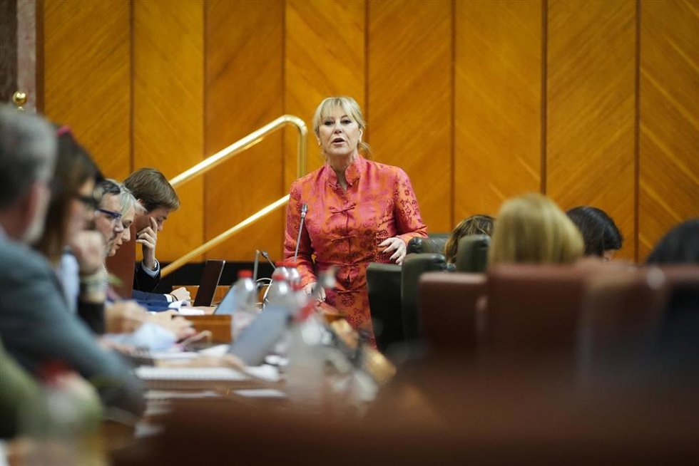 La consejera de Economía, Hacienda, Fondos Europeos y Diálogo Social, Carolina España, en el Pleno del Parlamento andaluz.
