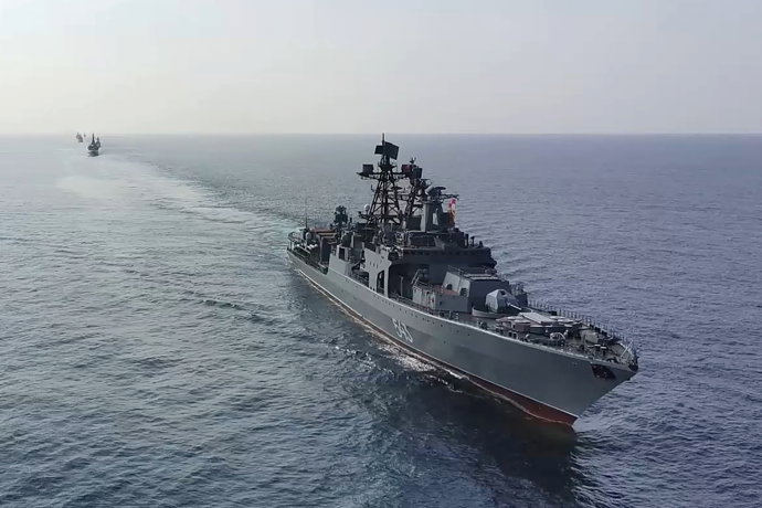 INDIA - FEBRUARY 26, 2026: The Udaloy-class frigate Marshal Shaposhnikov represents the Pacific Fleet of Russia in the Milan 2026 multinational naval exercise in the Bay of Bengal. Video screen grab. Best quality available
