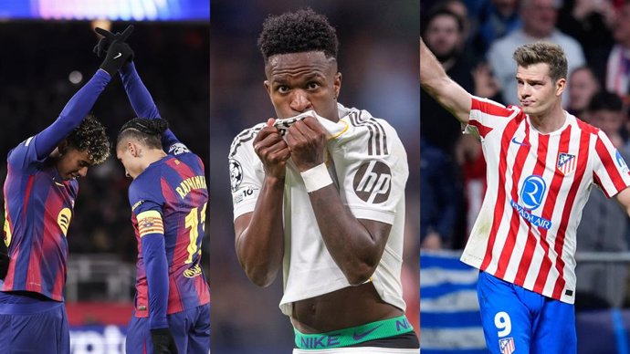 De izquierda a derecha, los futbolistas Lamine Yamal y Raphinha (FC Barcelona), Vinícius Júnior (Real Madrid) y Alexander Sorloth (Atlético de Madrid).