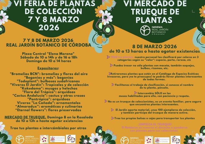 El Real Jardín Botánico de Córdoba celebra los días 7 y 8 de marzo la VI Feria de Plantas de Colección y el VI Mercado de Trueque de Plantas, organizados junto a la Sociedad de Amigos del Jardín Botánico.