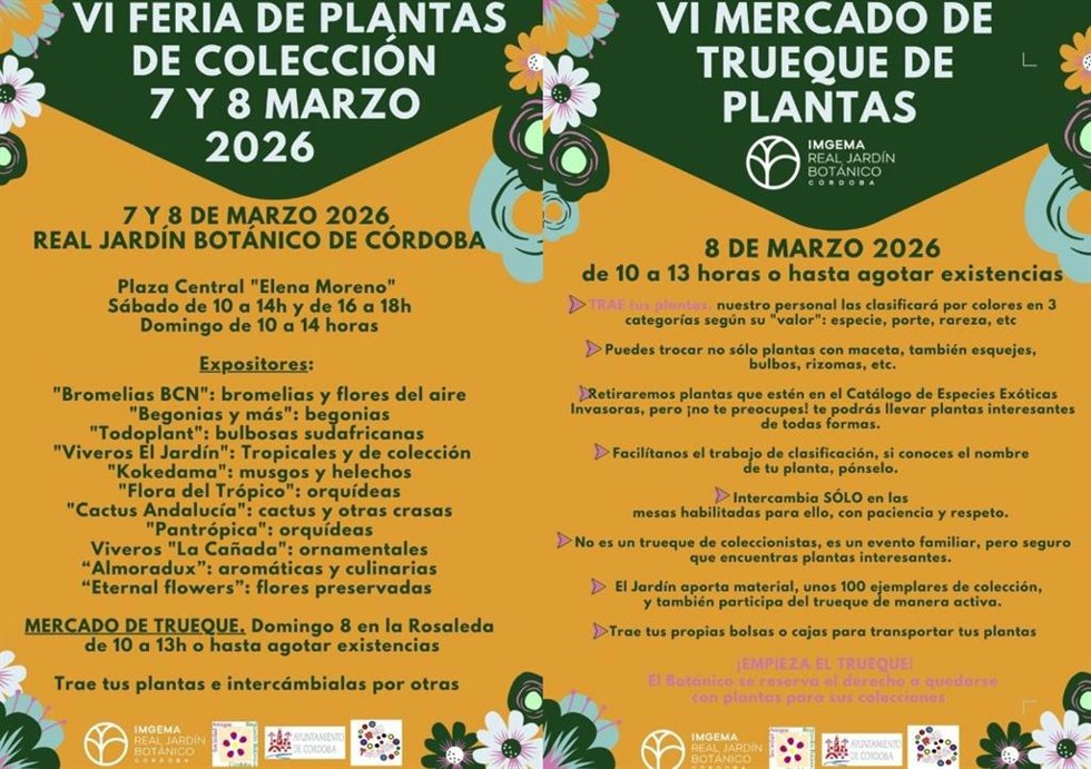 El Real Jardín Botánico de Córdoba celebra los días 7 y 8 de marzo la VI Feria de Plantas de Colección y el VI Mercado de Trueque de Plantas, organizados junto a la Sociedad de Amigos del Jardín Botánico.