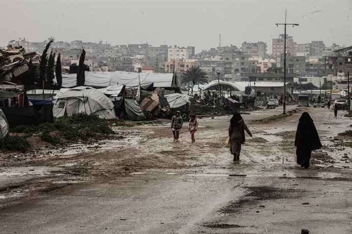 February 24, 2026, Nusairat, Gaza Strip, Palestinian Territory: Palestinian refugees face harsh conditions after heavy rains flooded their tents in al-Bureij camp in the central Gaza Strip on February 24, 2026