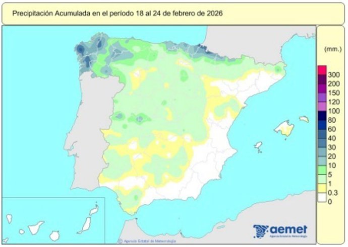 España registra 463 l/m2 de lluvias acumuladas desde el 1 de octubre, un 38% más de lo habitual.