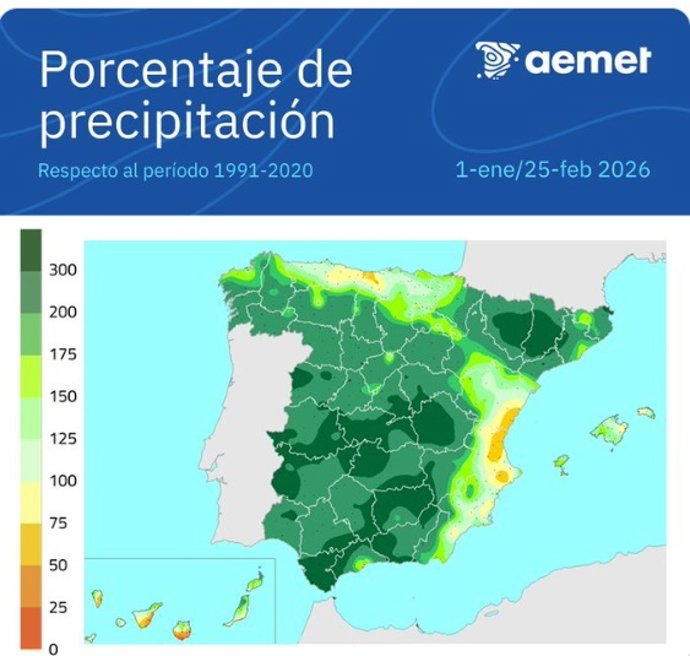 España acumula 234 l/m2 de lluvia entre el 1 de enero y el 25 de febrero en el inicio de año más lluvioso desde 1996.