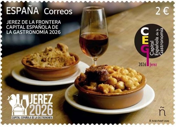 Sello de Correos dedicado a Jerez como Capital Española de la Gastronomía 2026