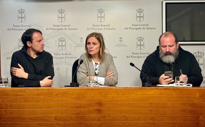 Iván Llera, delegado de personal de Videoreport Asturias; Covadonga Tomé, diputada del Grupo Mixto en la Junta General del Principado; y Eduardo Sariego, delegado de personal de Videoreport Asturias.