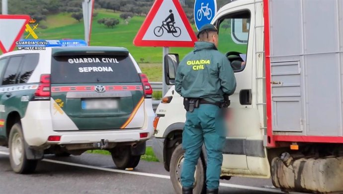 Un agente de la Guardia Civil junto a un camión.