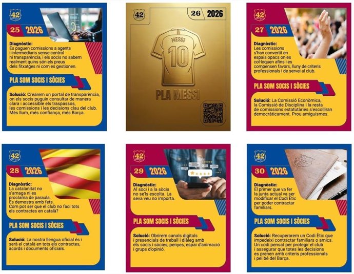 Cromos del álbum de propuestas del 'Moviment 42' del precandidato a la presidencia del FC Barcelona Marc Ciria