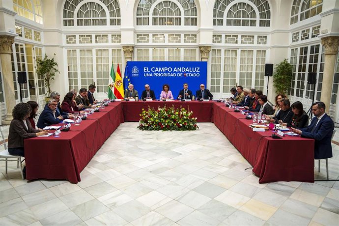 La vicepresidenta primera y ministra de Hacienda, María Jesús Montero preside la reunión con las organizaciones agrarias. A 27 de febrero de 2026 en Sevilla, Andalucía (España).  