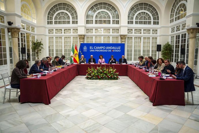 La vicepresidenta primera y ministra de Hacienda, María Jesús Montero preside la reunión con las organizaciones agrarias. A 27 de febrero de 2026 en Sevilla, Andalucía (España). La vicepresidenta primera y ministra de Hacienda, María Jesús Montero, mantie
