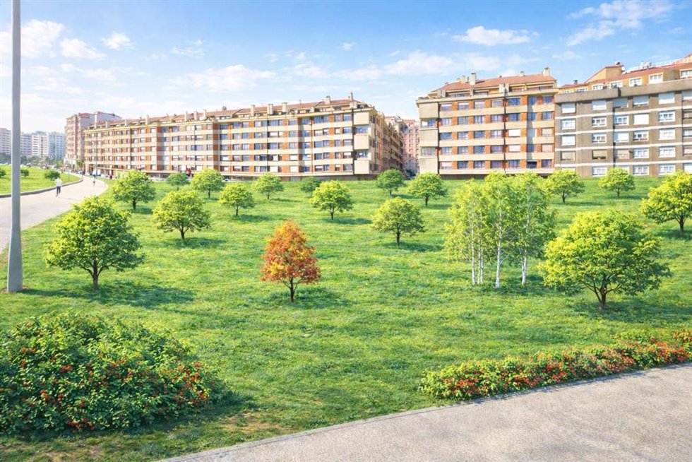 Recreación de un bosque urbano en el 'Solarón', en Gijón.