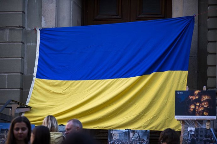 February 24, 2026, Lausanne, Geneva, Switzerland: Lausanne Switzerland, 02/24/2026: Several expatriates from Ukraine gathered in the city of Lausanne in connection with the war and paid tribute to those who had fought for four years in Ukraine at Center c