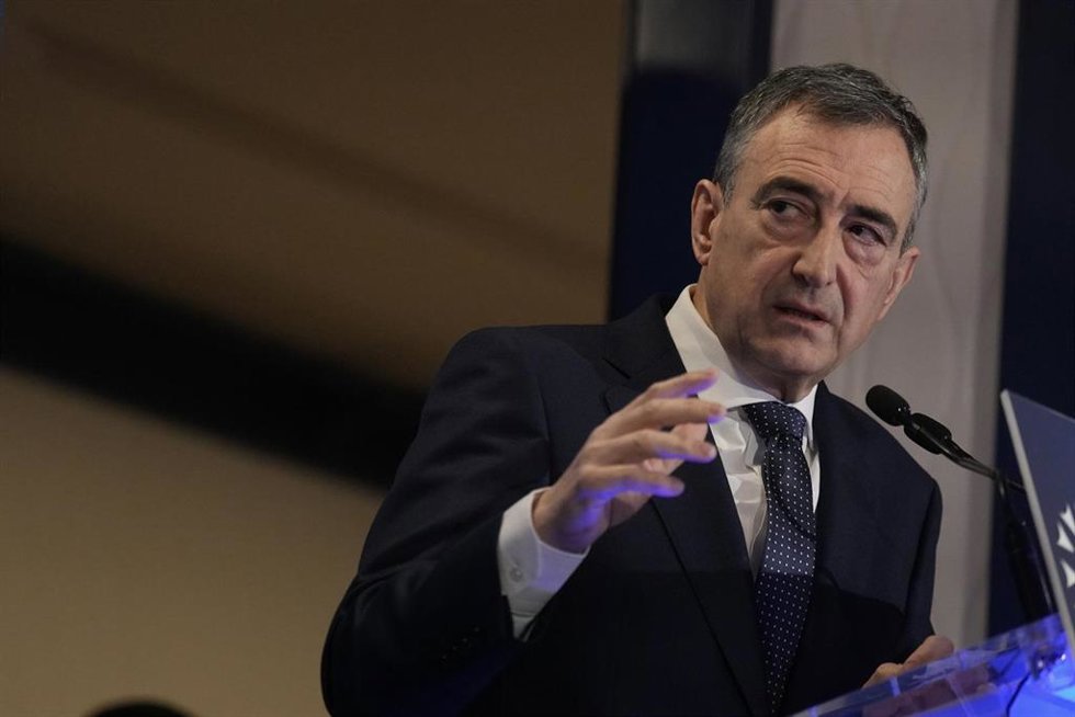 El presidente del PNV, Aitor Esteban, en un desayuno informativo en Bilbao.