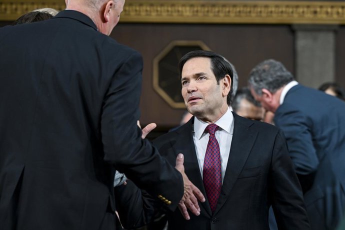 24 de fevereiro de 2026, Washington, Distrito de Columbia, EUA: O secretário de Estado Marco Rubio entra na Câmara dos Representantes antes do presidente Donald J. Trump proferir o primeiro discurso sobre o estado da União do seu segundo mandato perante u