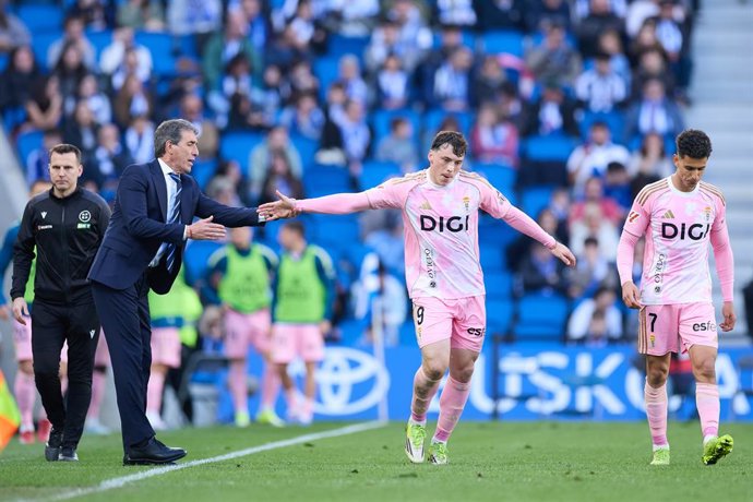 Guillermo Almada and Federico Sebastian Vinas Barboza of Real Oviedo celebrates after scoring the team's first goal during the LaLiga EA Sports match between Real Sociedad and Real Oviedo at Anoeta on February 21, 2026, in San Sebastian, Spain.